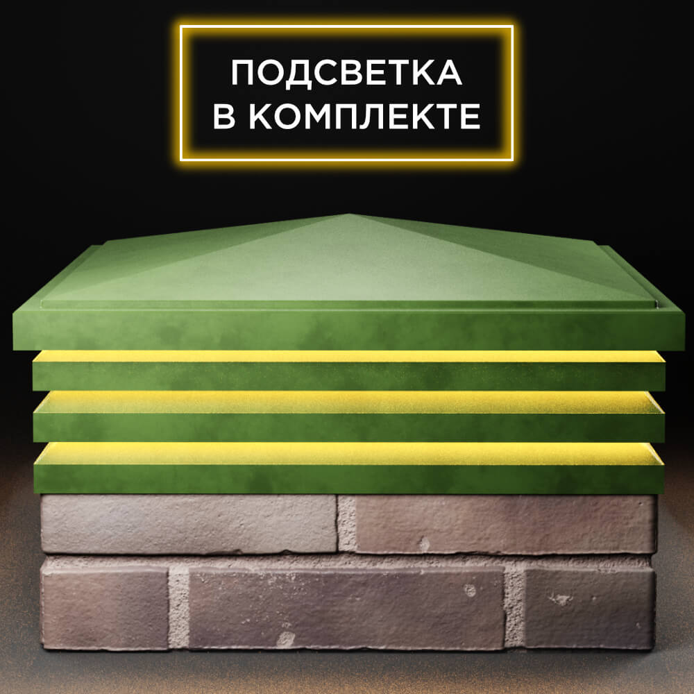 Колпак Zking Бона ХайТек Зеленый на столб 2х2 кирпича (513х513мм) с подсветкой Тихвин фото